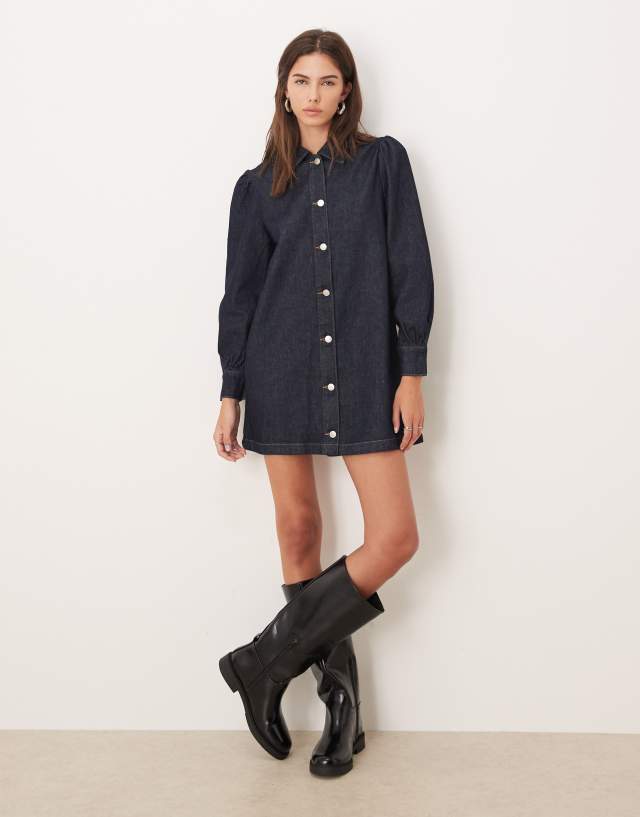 ASOS DESIGN denim 70s style puff sleeve mini dress in indigo