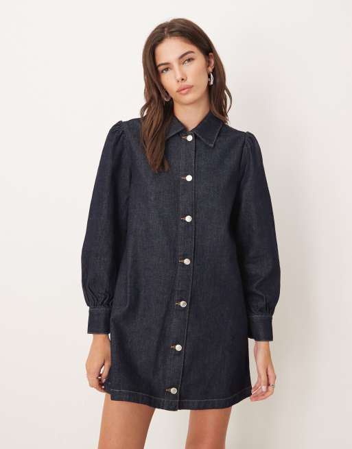 ASOS DESIGN denim 70s style puff sleeve mini dress in indigo ASOS