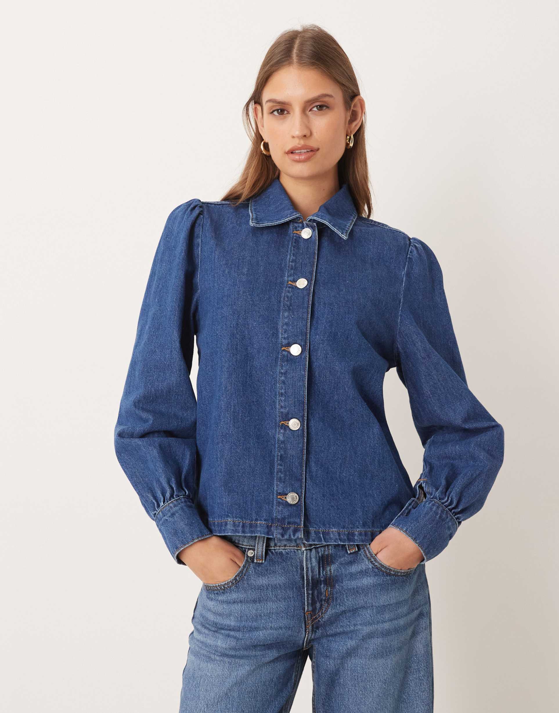 asos design denim 70s style puff sleeve top in mid blue
