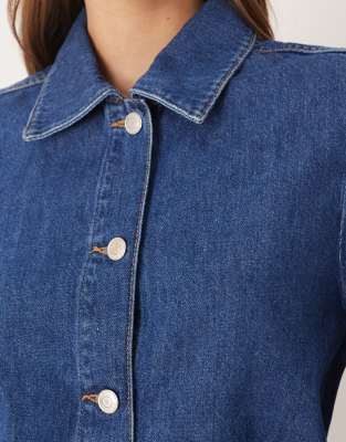 Asos Design Denim 70s Style Puff Sleeve Top In Blue
