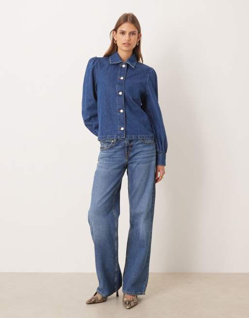 ASOS DESIGN denim 70s style puff sleeve top in mid blue, 4 of 4