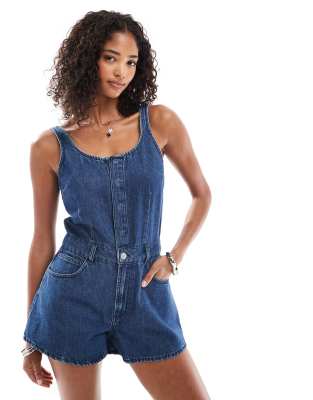 ASOS DESIGN denim A line playsuit in mid blue - view 1