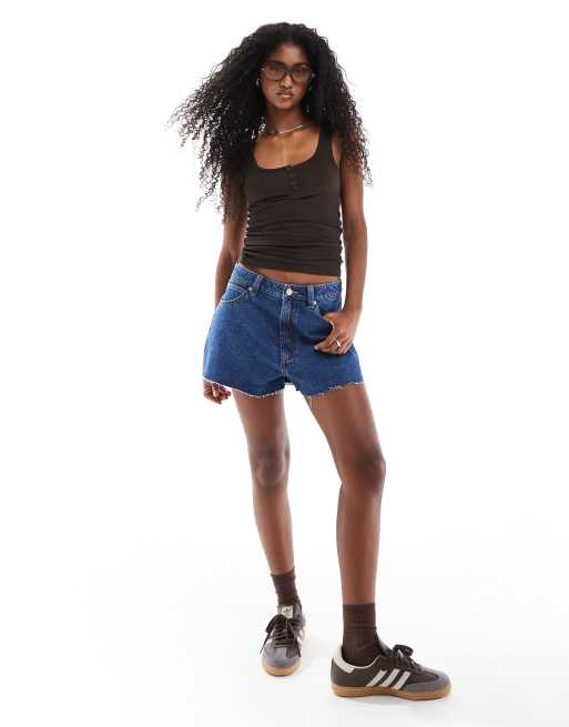 ASOS DESIGN denim A line shorts in clean midwash blue