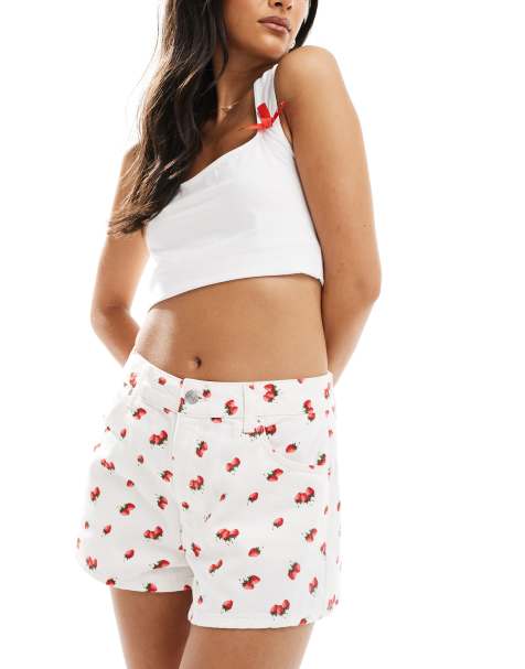 ASOS DESIGN denim a line shorts in strawberry print - view 1