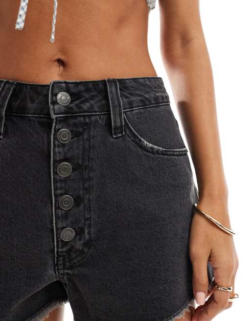 ASOS DESIGN denim a line shorts with button front in washed black, 4 of 5