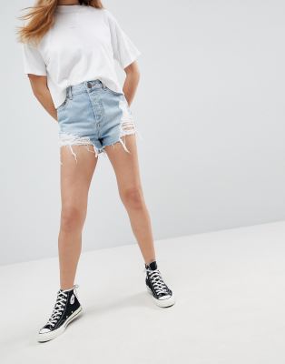 ASOS DESIGN denim Aldenham short with raw hem in light blue wash with rips