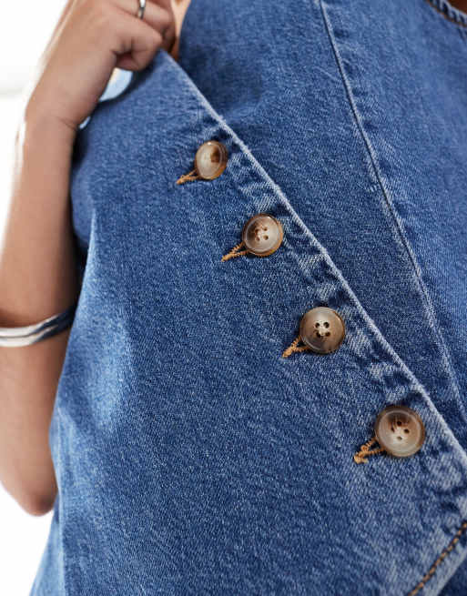 ASOS DESIGN denim asymmetric waistcoat in light mid blue (Part of a set), 2 of 4