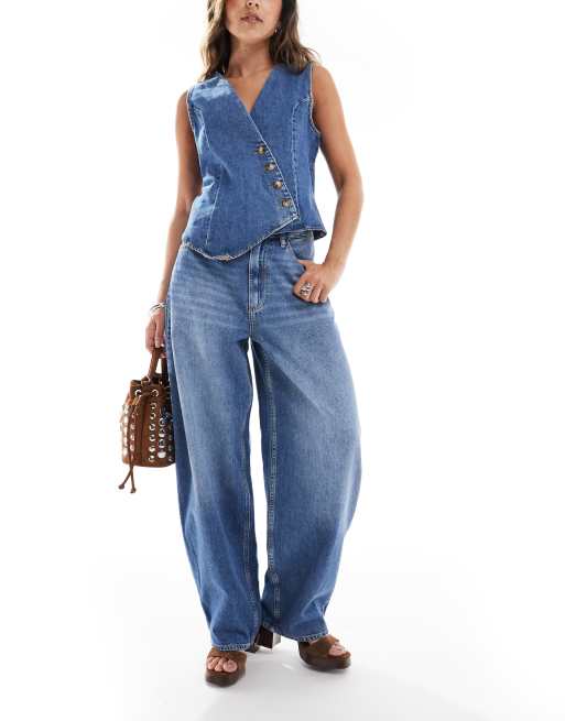 ASOS DESIGN denim asymmetric waistcoat in light mid blue (Part of a set), 3 of 4