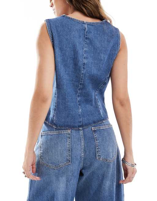ASOS DESIGN denim asymmetric waistcoat in light mid blue (Part of a set), 4 of 4