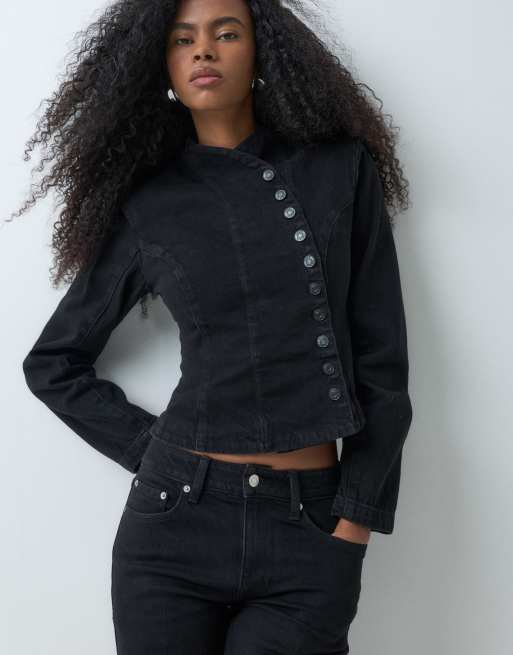 ASOS DESIGN denim asymmetric wrap button jacket in black, 2 of 5