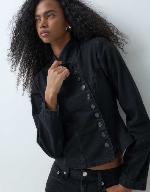 ASOS DESIGN denim asymmetric wrap button jacket in black, 4 of 5