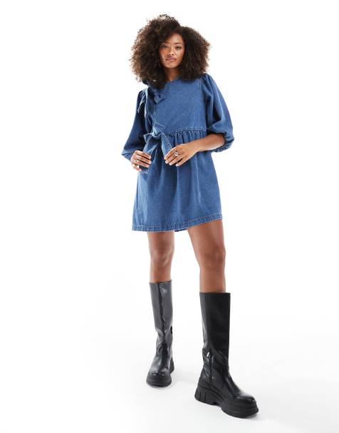 ASOS DESIGN denim asymmetrical bow dress in mid blue - view 1