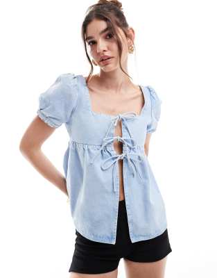 denim babydoll top in mid blue