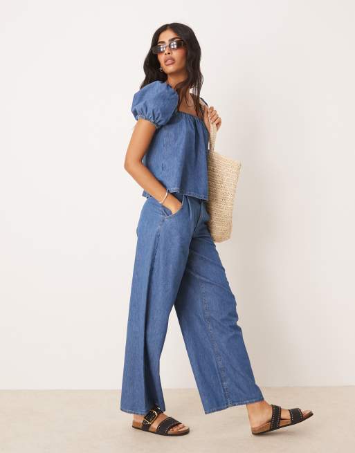 ASOS DESIGN - Denim babydoll top met pofmouwen in middenblauw, 2 van 4