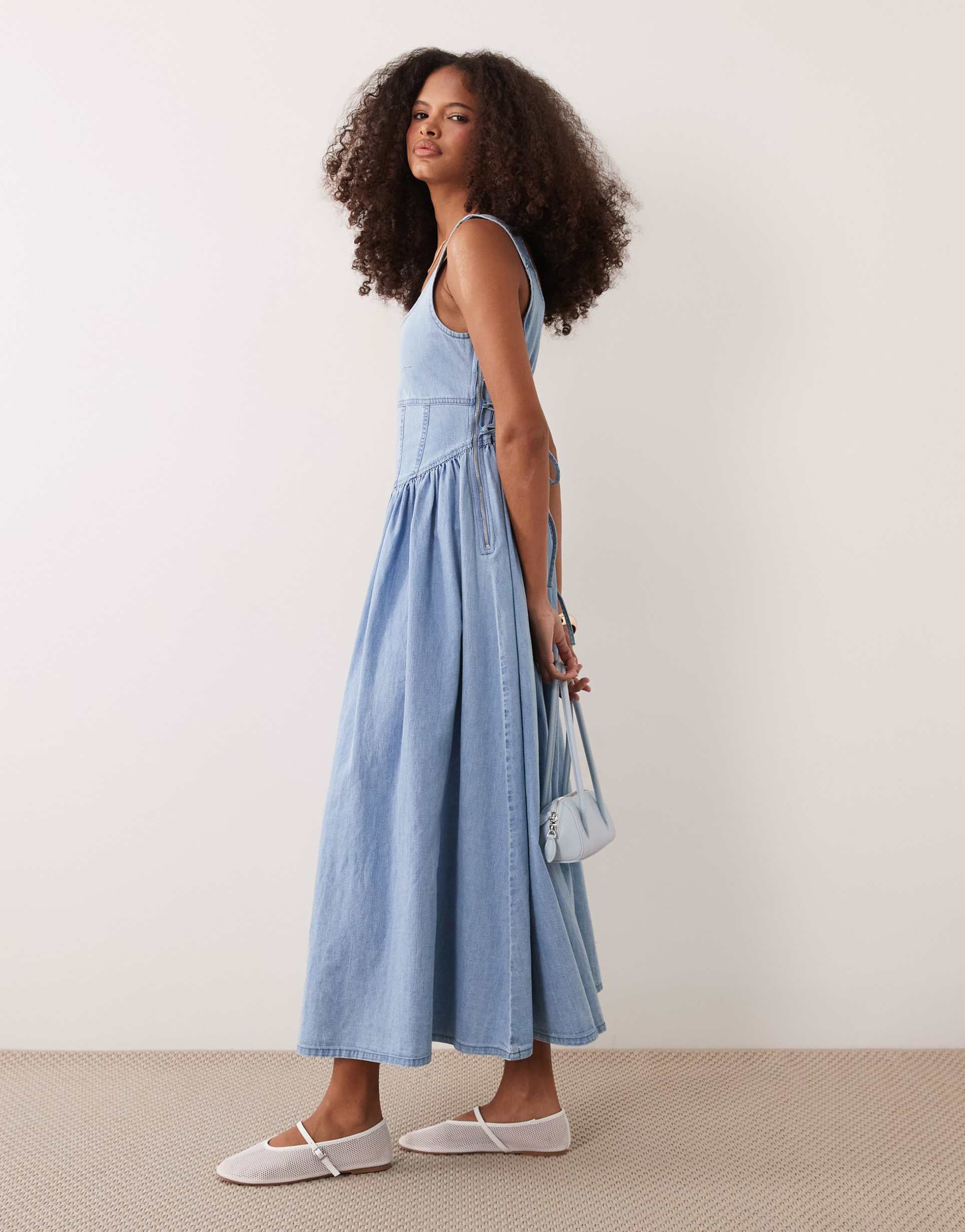 asos design denim ballerina inspired midaxi dress in light blue