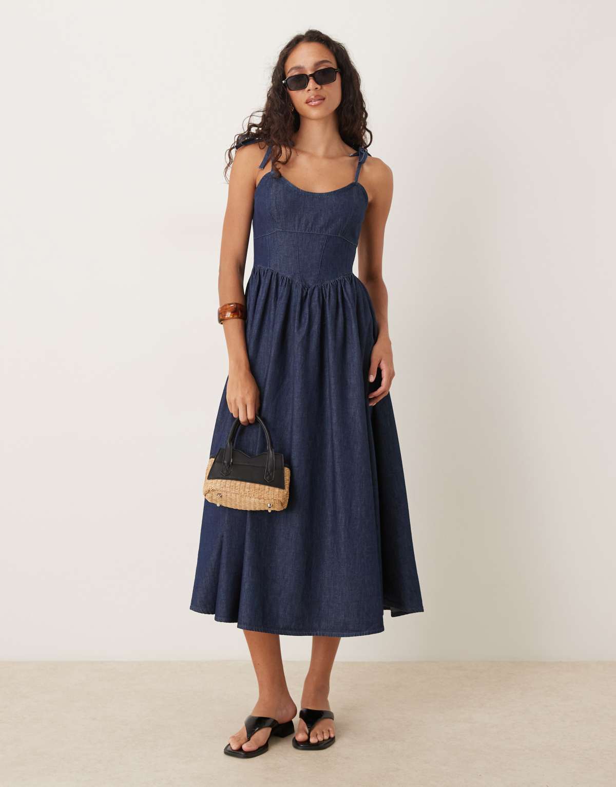 ASOS DESIGN denim ballerina midi dress in mid blue