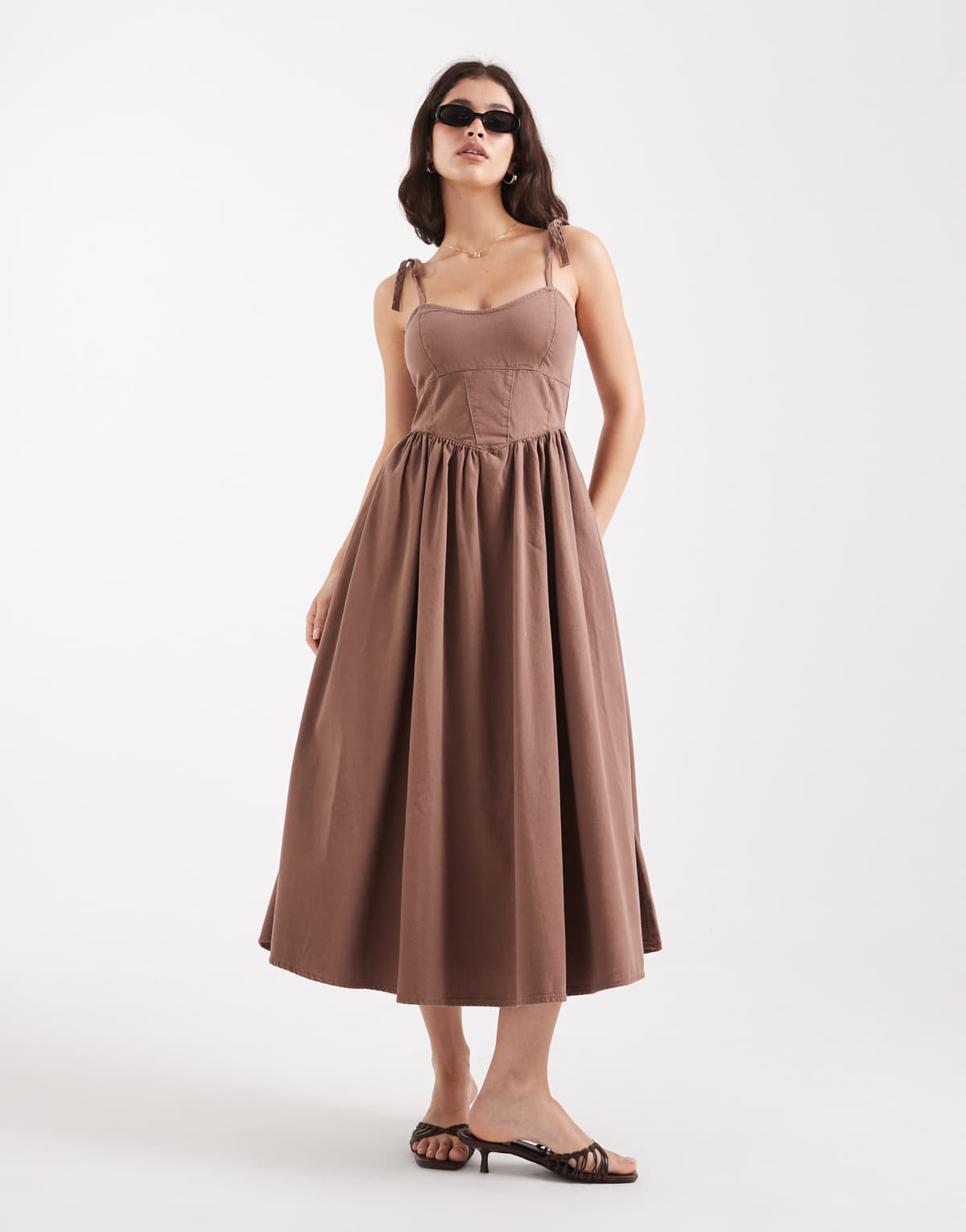 ASOS DESIGN denim ballerina midi dress in mocha