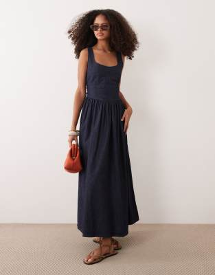 ASOS DESIGN denim ballerina midi dress in rinse-Blue