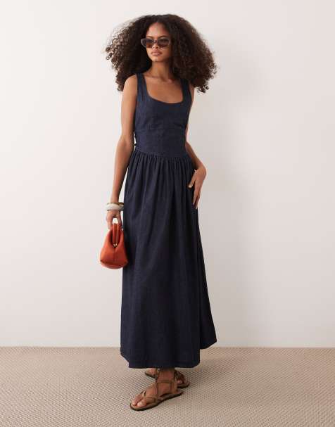 ASOS DESIGN denim ballerina midi dress in rinse - view 1