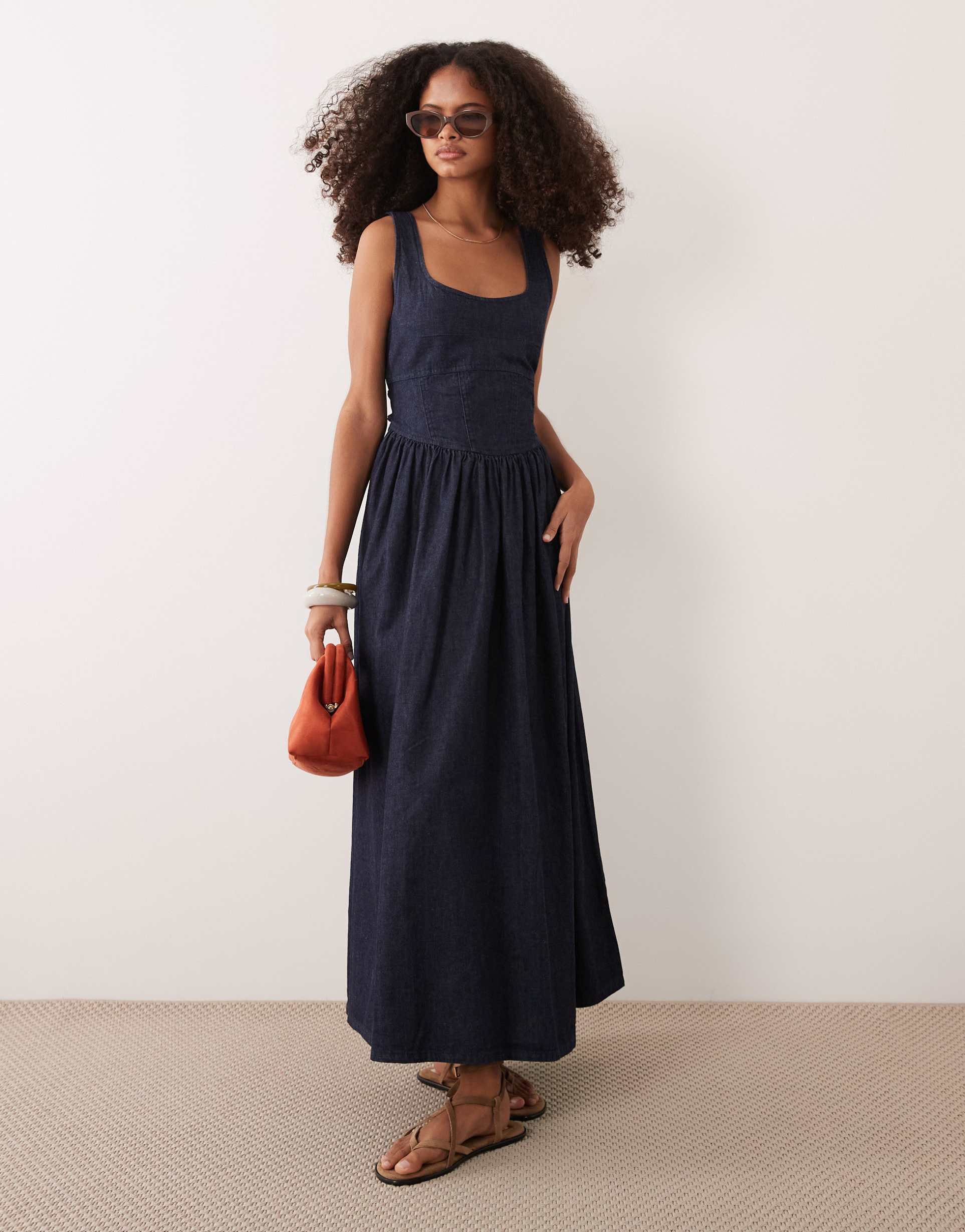 asos design denim ballerina midi dress in rinse