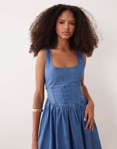 ASOS DESIGN denim ballerina mini dress in mid blue - view 1