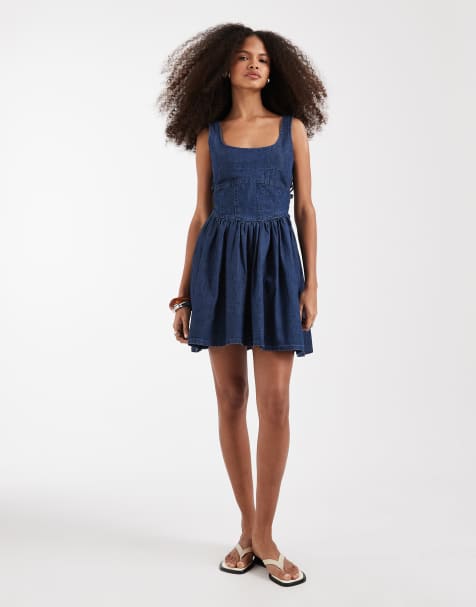 ASOS DESIGN denim ballerina mini dress in rich blue - view 1