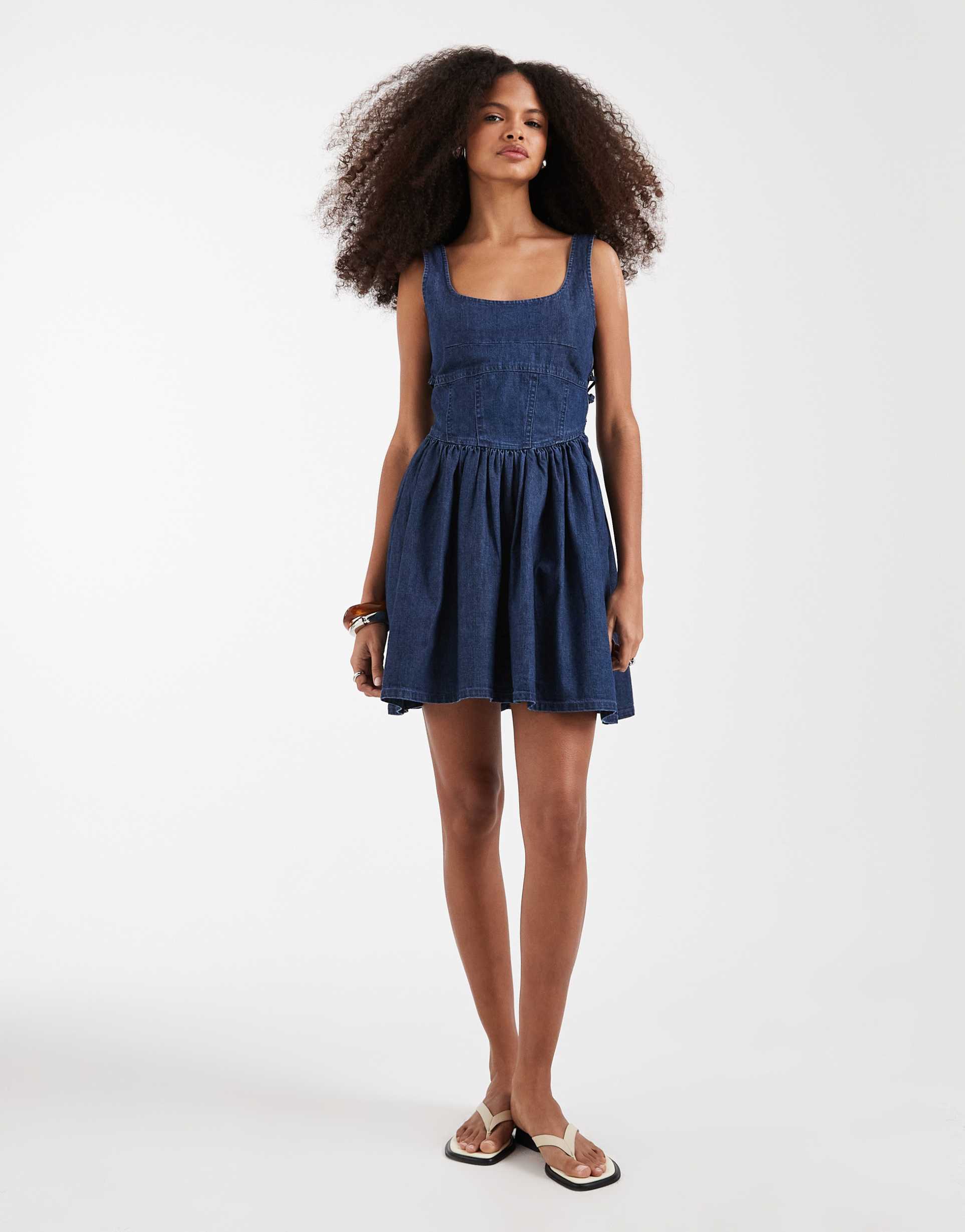 asos design denim ballerina mini dress in rich blue
