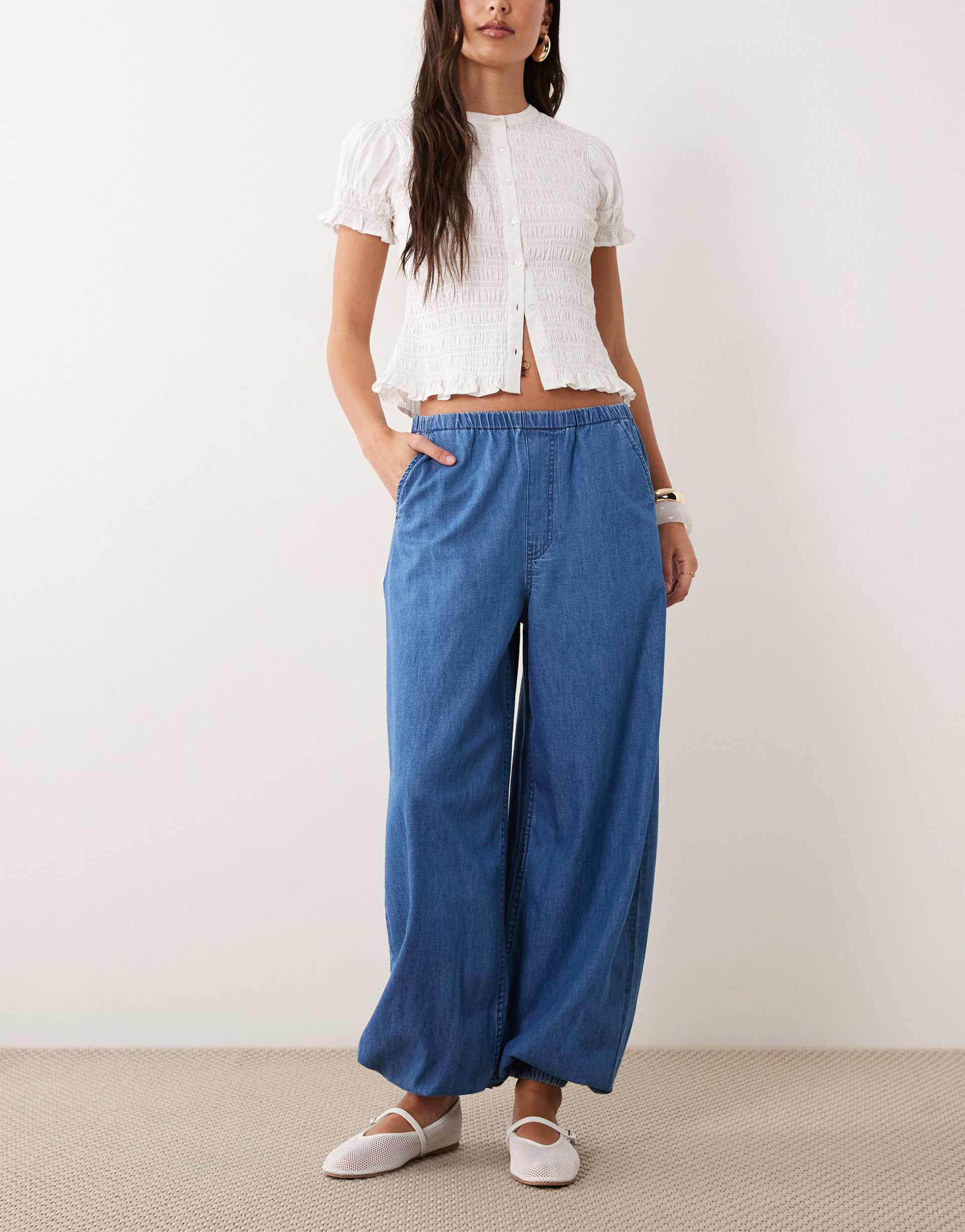 asos design denim balloon pants in clean midwash