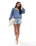 [ASOS DESIGN] ASOS DESIGN denim balloon sleeve blouse with linen in midwash blue 14 Mid blue