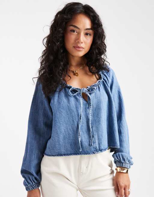 ASOS DESIGN denim balloon sleeve blouse with linen in midwash blue, 2 of 4