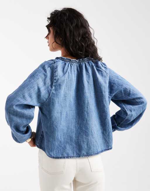 ASOS DESIGN denim balloon sleeve blouse with linen in midwash blue, 4 of 4