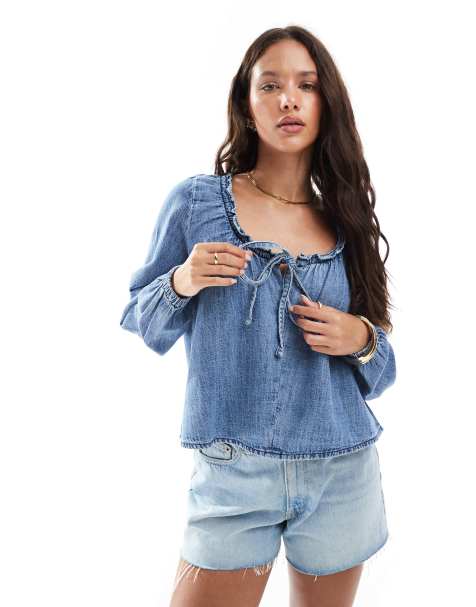 ASOS DESIGN denim balloon sleeve linen blend blouse in midwash blue - view 1