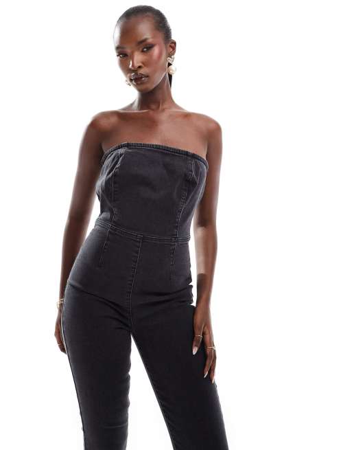 ASOS Design Denim Bandeau Bodycon Jumpsuit in Washed Black