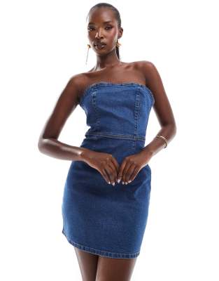 denim bandeau bodycon mini dress in mid blue