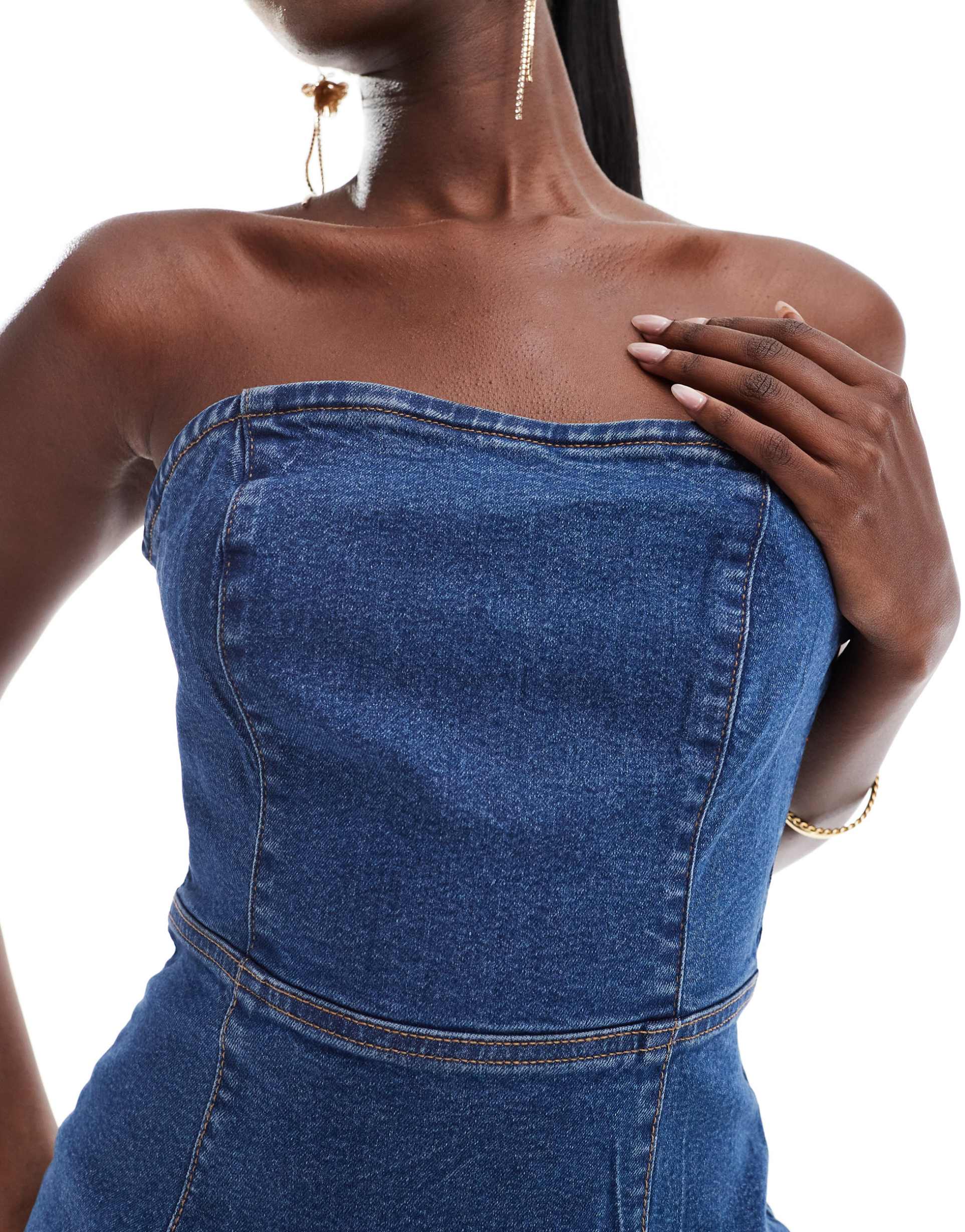 asos design denim bandeau bodycon mini dress in mid blue
