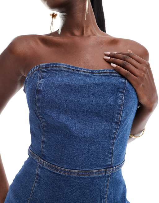 ASOS DESIGN denim bandeau bodycon mini dress in mid blue