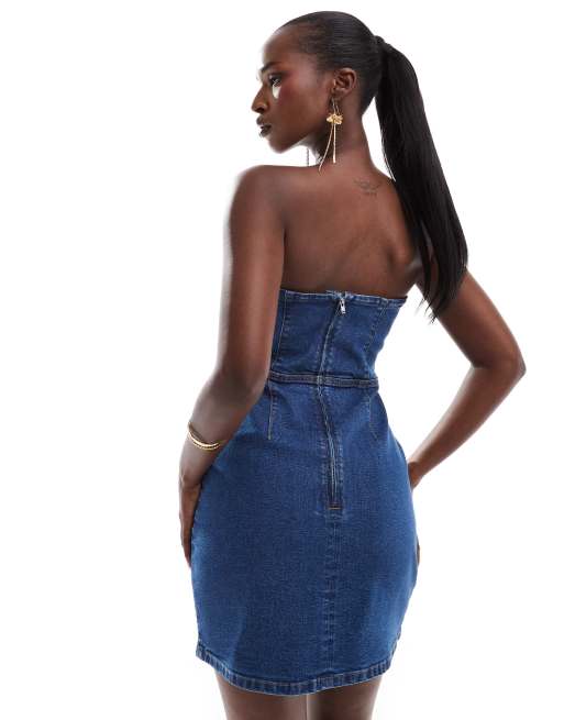 ASOS DESIGN denim bandeau bodycon mini dress in mid blue