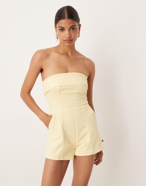 ASOS DESIGN denim bandeau fold over playsuit in buttermilk - view 1