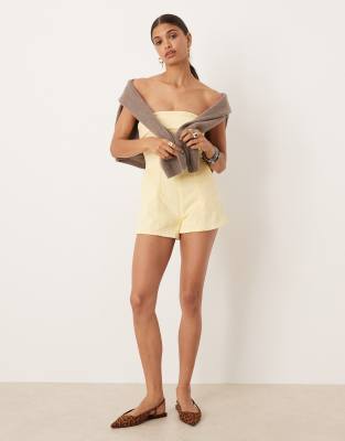 Asos Design Denim Bandeau Fold Over Romper In Yellow