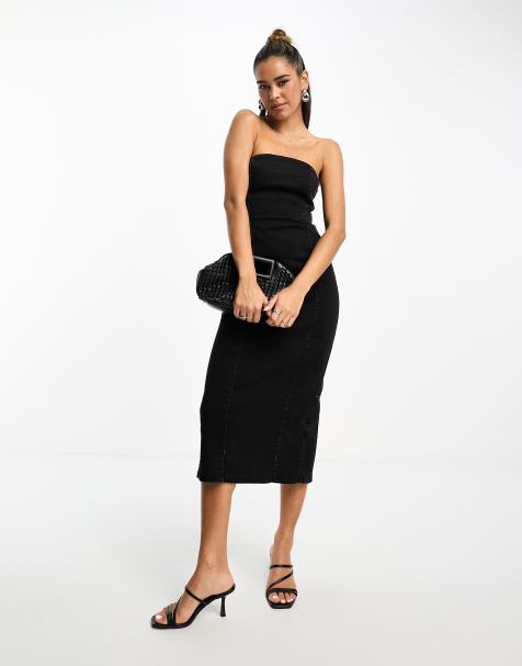 ASOS DESIGN denim bandeau midi dress in washed black - view 1