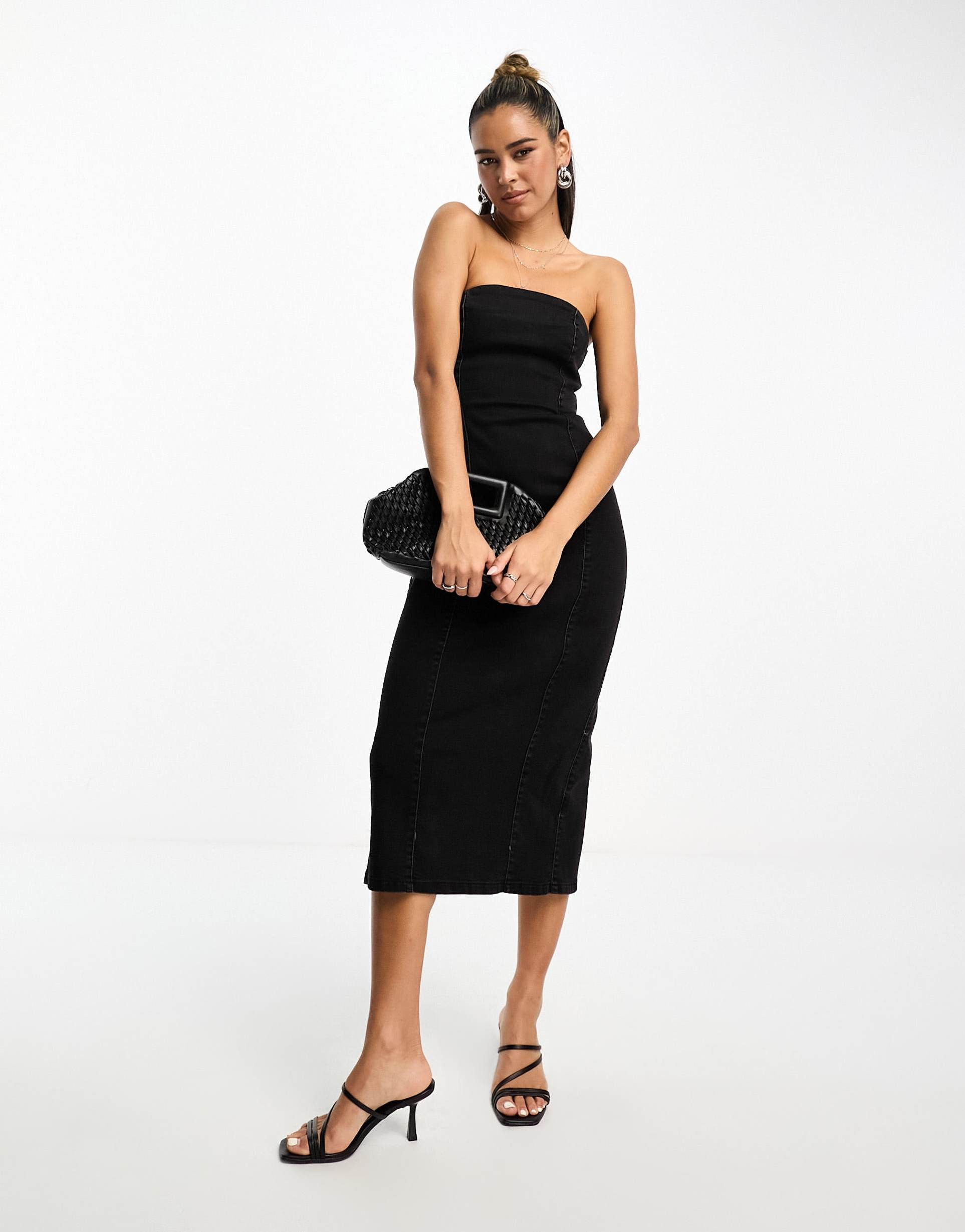asos design denim bandeau midi dress in washed black