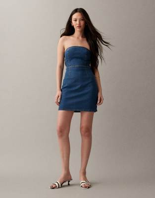 Asos Design Denim Bandeau Mini Dress In Blue