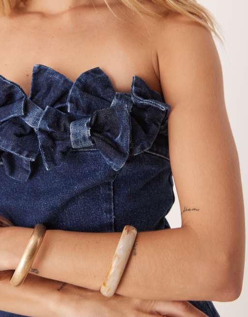 ASOS DESIGN denim bandeau mini dress with bows in dark mid wash