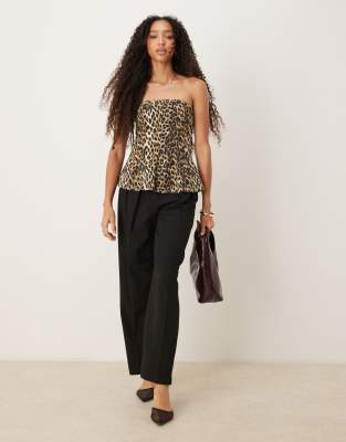 Asos Design Denim Bandeau Peplum Top In Animal Print