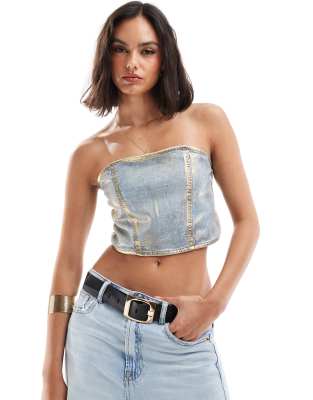 Asos Design Denim Bandeau Top In Metallic Gold Foil-blue
