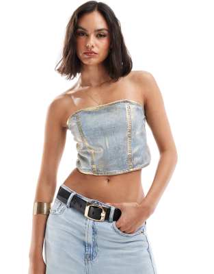 denim bandeau top in metallic gold foil-Blue