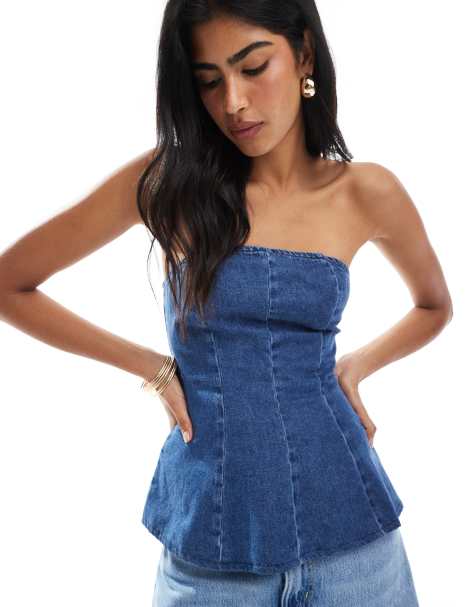 ASOS DESIGN denim bandeau top in mid blue - view 1