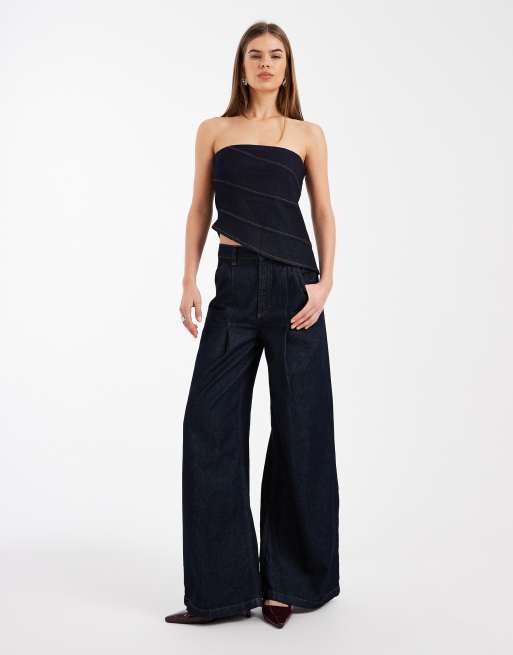 ASOS DESIGN - Denim bandeau-top met asymmetrische zoom in indigo, 3 van 4