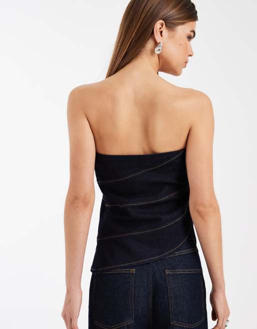 ASOS DESIGN - Denim bandeau-top met asymmetrische zoom in indigo, 4 van 4