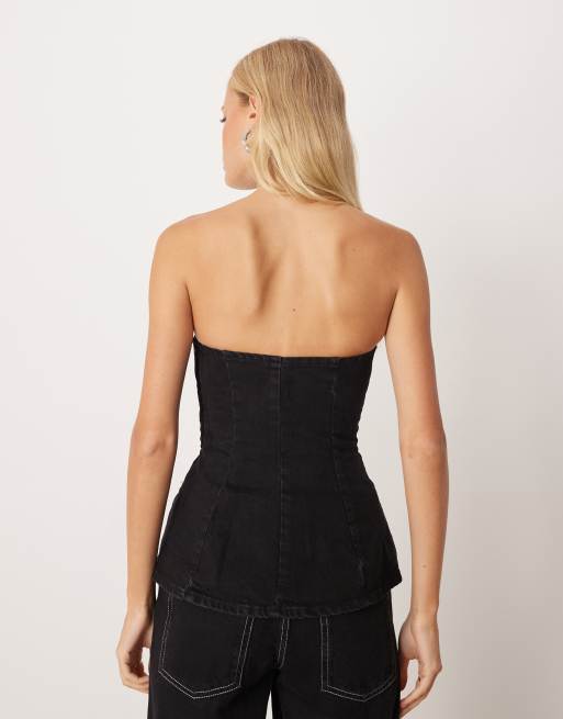 ASOS DESIGN - Denim bandeau-top met structuur en peplum in zwart, 4 van 4
